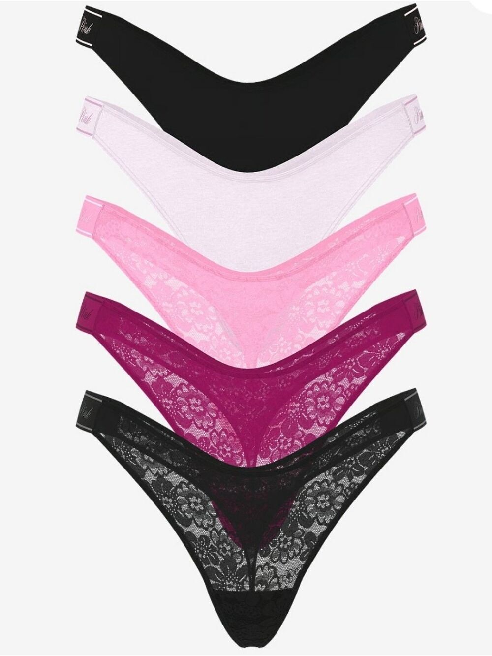 VS PINK 5-Pack Lace Logo Cotton High-Leg Thong Panties Sz Small